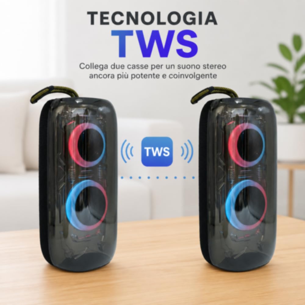 Vetrineinrete® Cassa Bluetooth 5.3 Portatile TWS RGB 20W RMS Type-C | Radio FM Integrata, Batteria 2400 mAh, Ingresso TF/USB/AUX, 60 Watt P.M.P.O, Portata 10 Metri