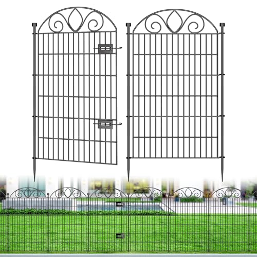10 Panels No Dig Tall Garden Fence with Gate – 44" H X 23.6' L Rustproof Metal Dog Fence Outdoor for Yard, Decorative Animal Barrier Fence for Pet, Garden Border, Patio, Flower | Temporary Fencing by MIWEVRO - Used condition - US$170.17