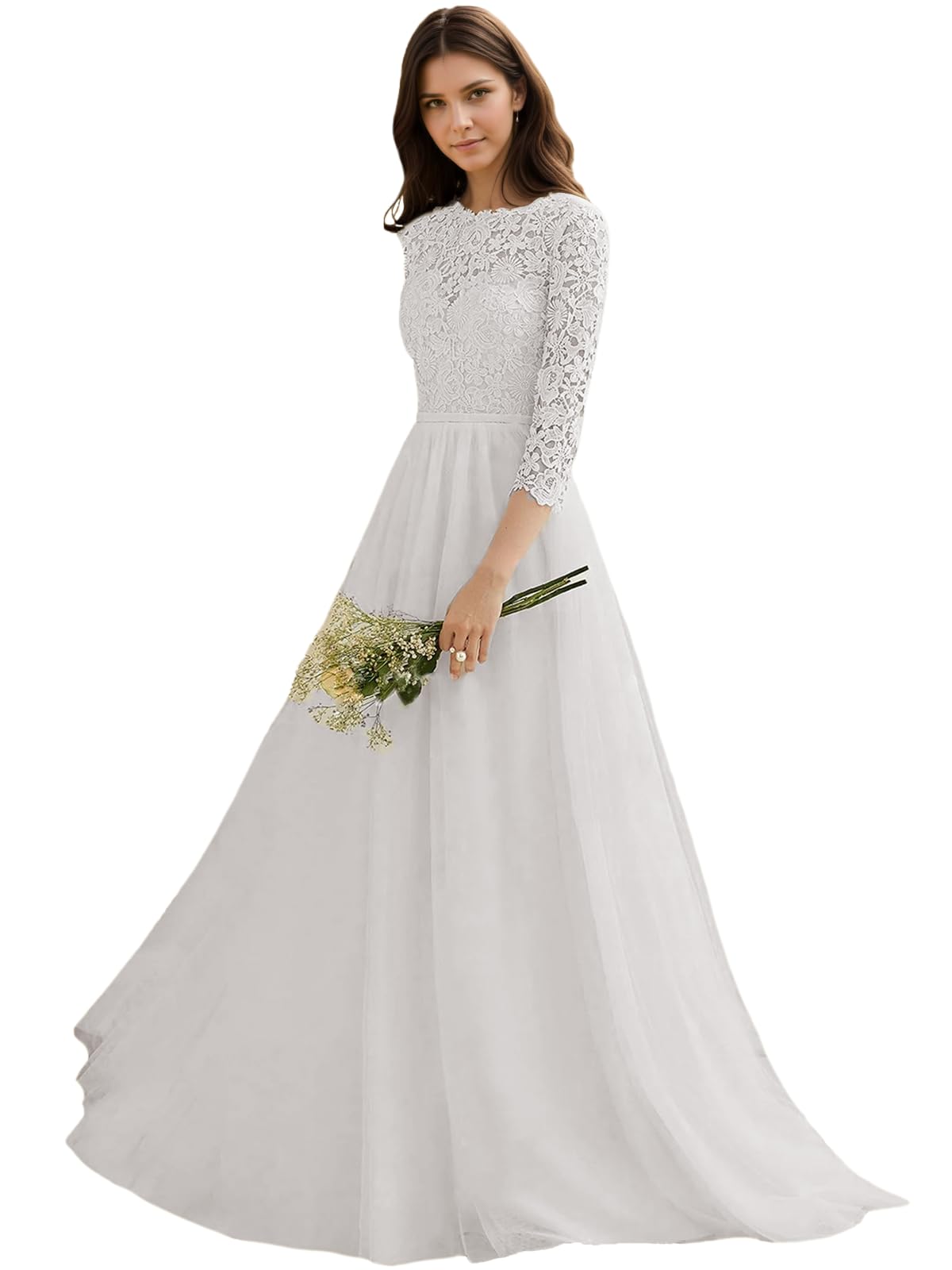 MARTINLEE Lace Tulle Wedding Dresses for Bride A Line Long Boho Beach Bridal Dress with Sleeves