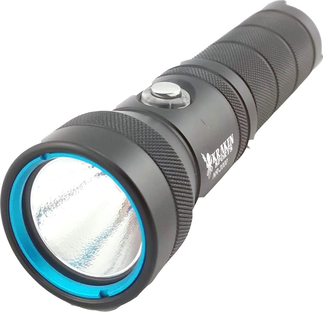 Kraken Sports NR-2000 Rechargeable LED Flashlight, 90 Minute Burn Time, 330ft Depth Rating, 2.09in Wide, 275g Weight