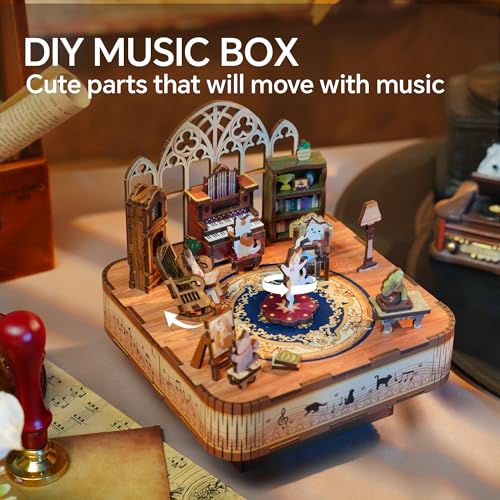Image of Tonecheer Wooden Music Box Puzzle for Adults,DIY Rotating Music Box Kit 3D Creative Musical Puzzle Crafts Model Building Kits Desk Decor for Teens Kids Birthday Gift (Cats Family)