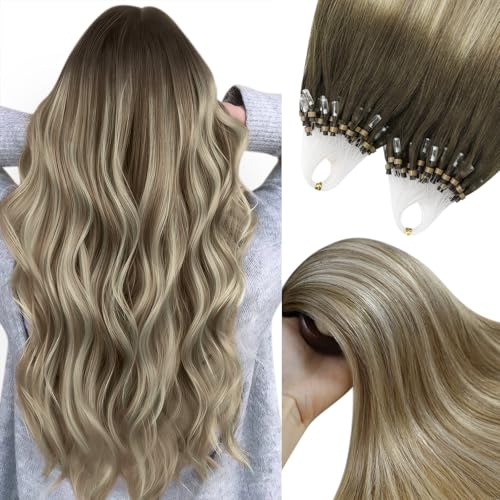 Image of YoungSee Micro Loop Hair Extensions Real Human Hair Balayage Microlink Hair Extensions Human Hair Brown Balayage Blonde Microbead Hair Extension 16Inch Ombre Bead Hair Extension 50s /57g