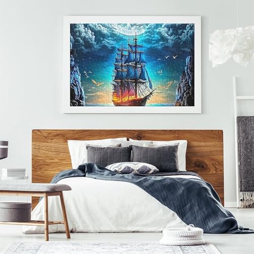 Puzzle para adultos de 1000 piezas de papel sobre barco de vela y luna mística 7