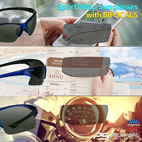 proSPORT Óculos de sol BIFOCAL para leitores, cinza escuro, armação azul, masculino, feminino, espor