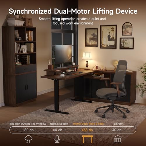 ONBRILL Home Office Furniture Sets, 55\'\' Standing Desk with 55\'\' File Cabinet, Electric Height Adjustable Standing Desk with 71\'\' Tall Modern Bookshelf, Home Office Furniture Set, Walnut - Thumbnail 5