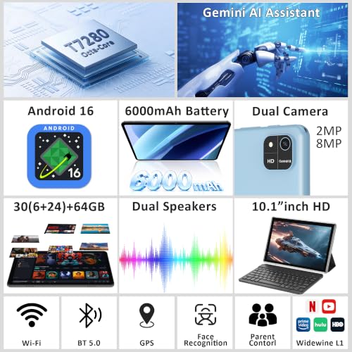 Image of 10.1 inch Android 16 Tablet with Keyboard, 30GB +64GB, 2-in-1 Tablet | Octa-Core, 1280x800 IPS HD Touchscreen, 6000mAh, 1TB Expand, Dual Camera, Widevine L1, 5G WiFi, BT5.0, GPS, Eye Care, Blue
