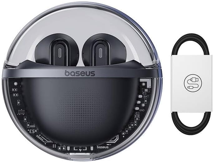 Nærbillede view of a Baseus Bowie E5x earbud's speaker and internal components