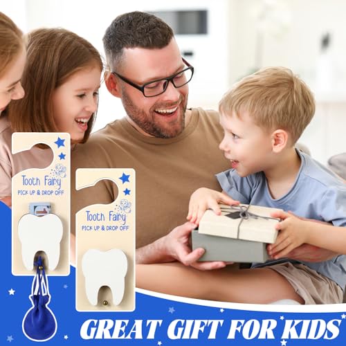 Image of DoubleFill Fairy Tooth Gift Holder Bag Door Hanger Lost Teeth Keepsake Box Tooth Fairy Kit Stores Back to School Gift for Lost Teeth Boy Girl Primary School Classroom Gifts(Classic,Dark Blue)