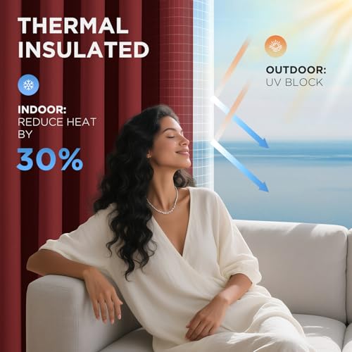 Image of Joydeco Burgundy Red Thermal Blackout Curtain, 140 x 175 cm, Thermal Insulated Curtains, Anti-Foid and Heat, Anti-Noise, Anti-UV, Hidden Tabs for Living Room, Bedroom, Balcony - 2 Pieces