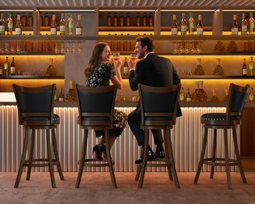 Butacos Giratorios PrimeZone, Altura de Barra 30 Pulgadas, Asiento Acolchado en Cuero Sintético Negro y Espalda Alta, Estructura de Madera de Caucho Sólida con Reposapiés, para Pub o Isla de Cocina – Juego de 2 miniatura 2