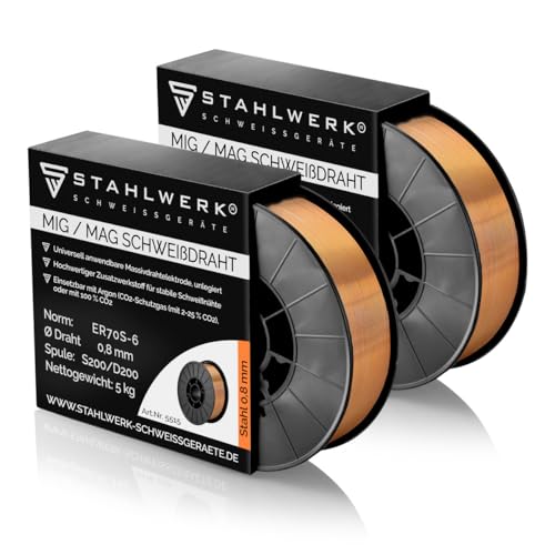 STAHLWERK MIG/MAG Stahl Schweißdraht Ø 0 8 mm ER70S-6 (SG2) 2 Stück je 5 kg D200-Spule für 50 mm Dorn universell einsetzbar hochwertiger Schweißmassivdraht für alle Stahlarbeiten mit Schutzgas
