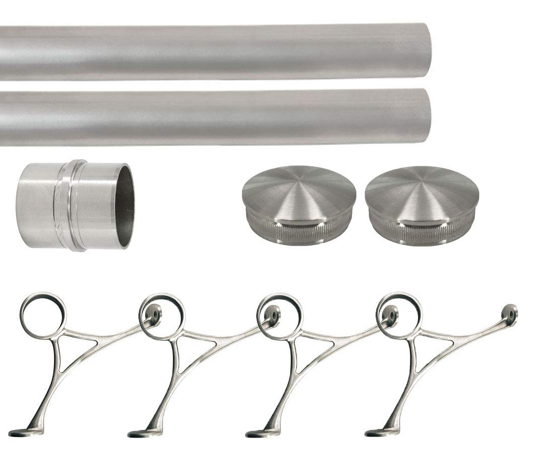 Solid Bar Foot Rail Kit (Extra Long, Custom-Made Item) - Brushed Stainless Steel Tubing (2 in OD, 16 ft Length) w/Internal Connector - Combination Foot Rail Brackets - Tapered End Caps