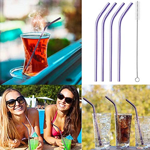 Image of STAR WORK - 4 Stainless Steel Long Reusable Metal Straws for Drinks with 1 Cleaning Brushes Drinking Straws for Travel,Kids,Home,Bar (Purple)