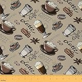 Feelyou Coffee Ice Cream Star Anise Cinnamon Upholstery Fabric - Coffee Shop Themed Decorative for Home DIY Projects, Retro Waterproof, 1 Yard, Brown Gray