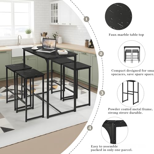 GOKHOMX Mesa Alta Bar con 4 Taburetes, Conjunto Mesa y 4 Sillas Comedor, para Pequeño Espacio, Cocina, Comedor, Salón, Bar o Balcón (Efecto Mármol Negro) - imagen 7