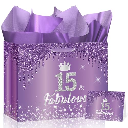 Yoirrat 15th Birthday Gift Bag for Girls with Tissue Paper & Card Large Purple Silver Glitter 15 & Fabulous Crown Gift Bag Happy Fifteenth Bday Party Supplies for Daughter Niece Granddaughter Teen