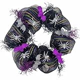Halloween Wreath for Front Door, 18In Black Mesh Wreath with Glittery Silver Spiders & Purple Bats, Orange Green Purple Accents, Creepy Spider Decor for Indoor Outdoor Halloween Party Fireplace Decor