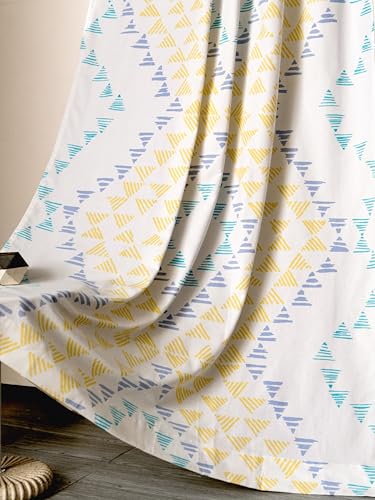 Image of Tranquebar Curtain Co. Window Curtains 5 Feet, 60-65% Room Darkening,Yellow-Mint Geometric Print,Cotton Curtains for Window, Cotton Curtains 5 Feet Long Set of 2, BackTab Loops,Aztec(152 cm)-Set of 2