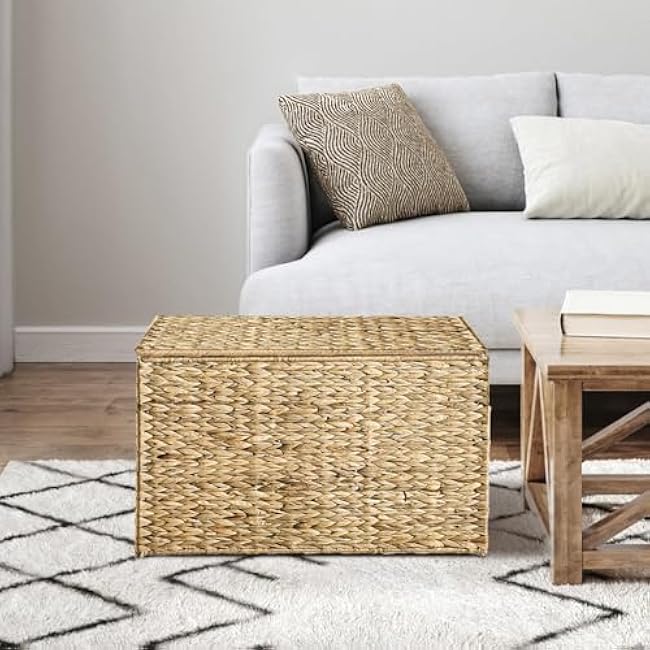 Water Hyacinth Storage Basket with Lid, 42.3 Gallon (160L) Wicker Storage Trunk with Handles, Handwoven Wicker Storage Bin for Blanket, Foldable, for Living Room, Laundry Room, Natural