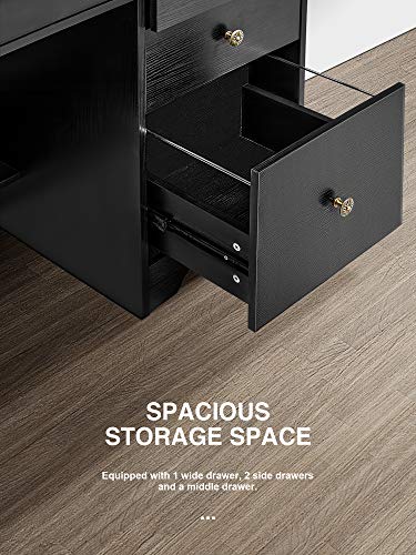 Computer Desk with Drawers and Hutch Shelf, Wood Frame Home Office Desk with Spacious Desktop, Writing Study Table PC Laptop Notebook Desk, Black