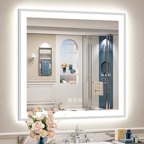 Image of 36x36 Brushed Nickel LED Bathroom Mirror with Lights, Backlit & Front-Lit, Anti-Fog, Framed Lighted Vanity Mirrors for Bathroom Wall, Dimmable, 3 Colors, Memory, Shatter-Proof, Tempered Glass