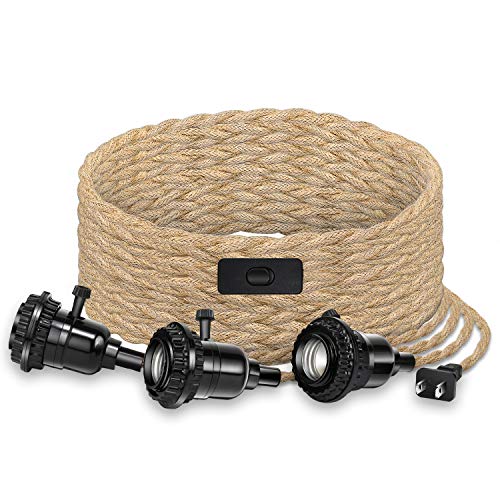 Elibbren Pendant Light Cord Kit with Switch, Vintage Lamp Cord with 18.5FT Twisted Hemp Rope Plug in Hanging Light Kit, Industrial Pendant Lighting E26 3Lamp Socket,Hanging Lighting Farmhouse Cable