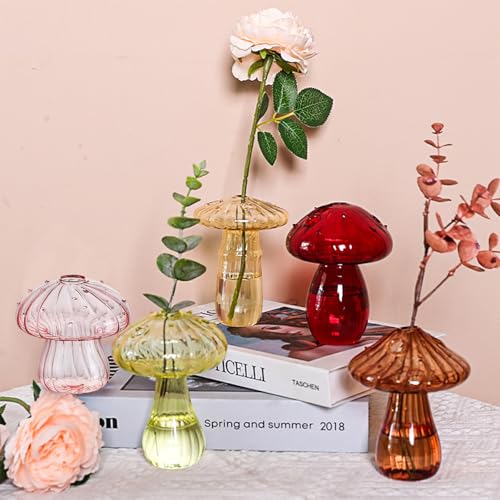 Oenothera 5 Piezas Florero Champiñón, Jarrones de Vidrio con Forma de Hongo, Floreros De Cristal De Colores Elegantes para Decoración De Mesa