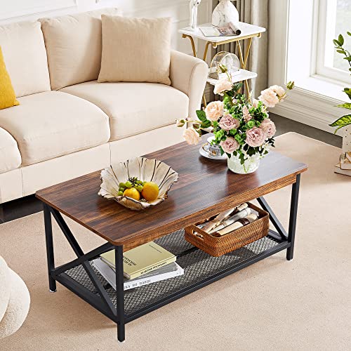 Vecelo Coffee Table Set Of 3 For Living Room, Office, Industrial Metal Frame, Table+2 End Tables, Brown #TOP4