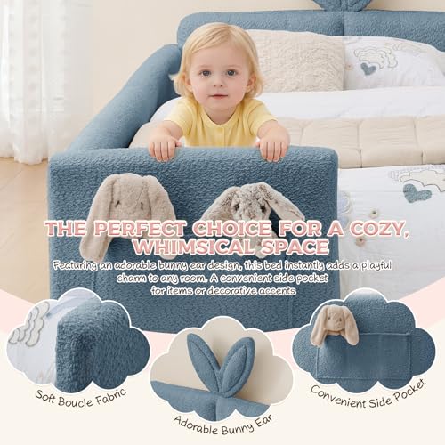 Image of Twin Size Bed Frame for Kids, Upholstered Daybed Frame Floor Bed with Safety Rails and Storage Pocket Cute Rabbit Ear Shaped Headboard for Kids Teens Boys Girls, Blue