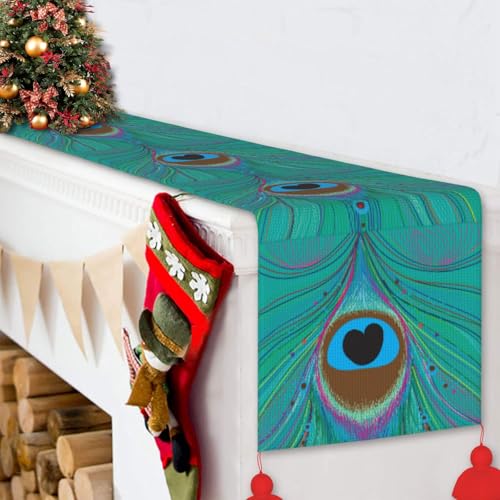 Chemin de table de Noël plumes de paon et finitions pompons chic - 7