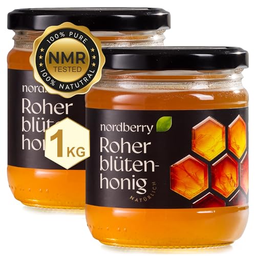 Nordberry – 1 kg Miel cruda de flores silvestres – pura, natural y sin filtrar procedente de Letonia (2 x 500 g) – Estuche regalo