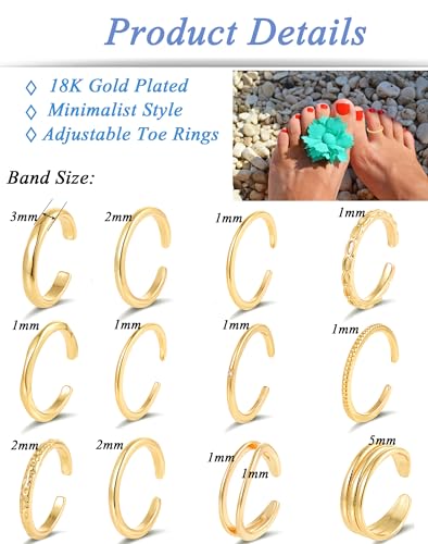 Tornito 12Pcs 18K Gold Filled Toe Rings Minimalist Thin Wire Cubic Zirconia Summer Beach Toe Rings Open Adjustable Foot Jewelry for Women Silver Gold Tone2