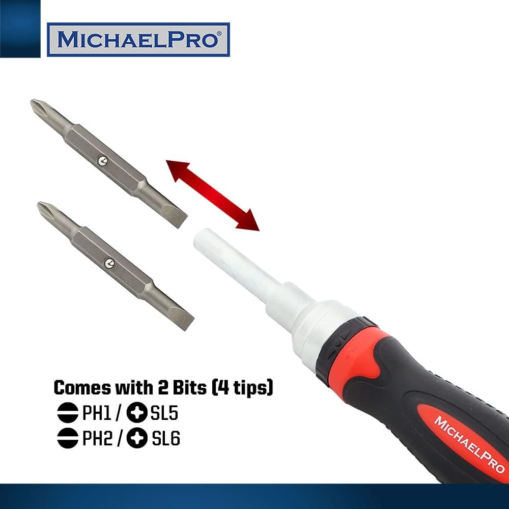 MichaelPro 7-in-1 Ratcheting Screwdriver & Nut Driver, Multi Bit - Slotted (SL5, SL6), Phillips (PH1, PH2), Equipped with Magnetic Collar, Ergonomic Cushioned Grip - MP002025