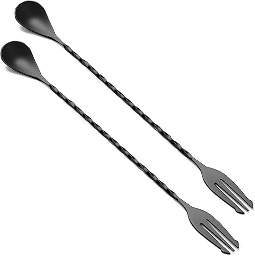 BRIOUT 2 cucharas de bar, agitador de bebidas de mango largo de 12 pulgadas, cucharas de mezcla de cóctel de acero inoxidable con diseño de doble
