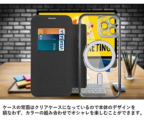 【ガラスフィルム付き】ケース・iphone17 対応 MagSafe対応 手帳型ケース iPhone 17 対応 カメラレンズフィルム一体型 レザー カバー 背面クリア カメラ レンズ 保護 マグセーフ 透明 TPU カード収納 スキミング防止 アイフォン (キルティング・アッシュグレー, iPhone17)
