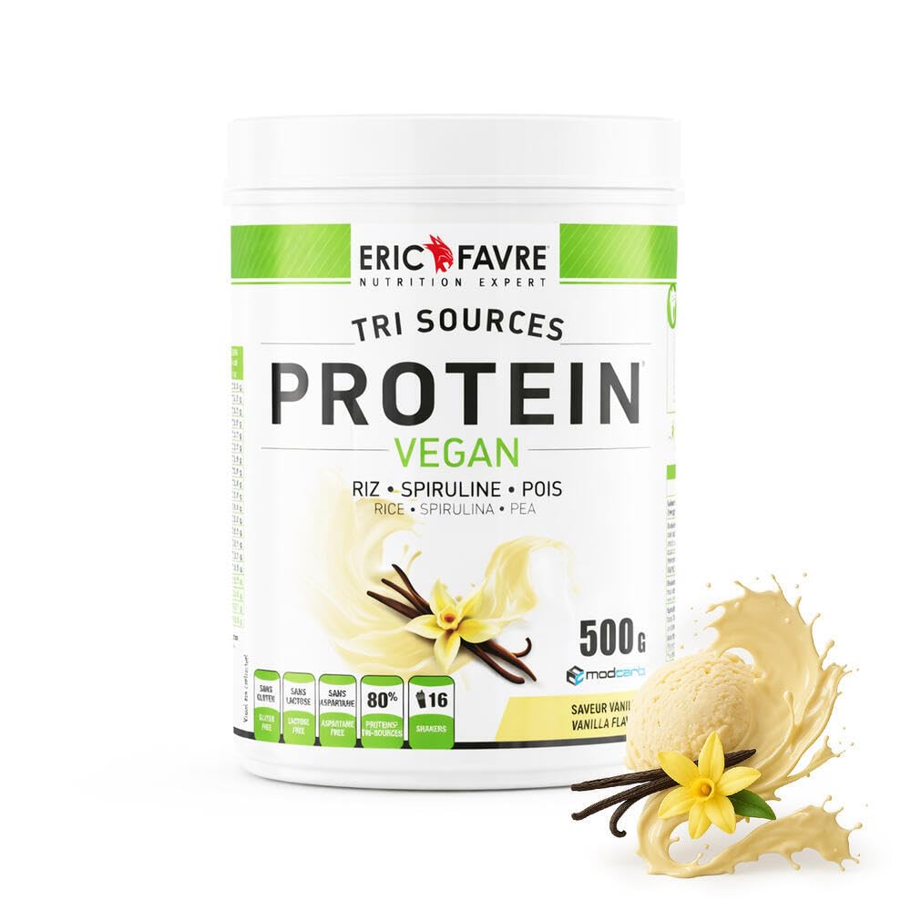PROTEINES VEGAN TRI-SOURCE - Protéines Végétales Vegan Savoureuses Pour le Développement Musculaire - Riz Spiruline Pois - Assimilable Rapidement - 500g - Saveur Vanille - Eric Favre
