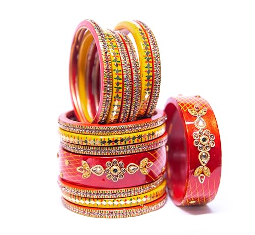 Image of Swara Creations Lah /Lac bangles red and yellow color Set, LAHTHI Churi zircon work for Women and Girls(14pcs)