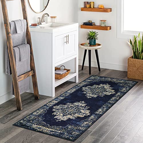 Lanffia Persian Hallway Runner Rug 2X5, Navy Blue Medallion Bedroom Rug Bohemian Kitchen Runner Rug Non-Slip Washable Vintage Low-Pile Floor Carpet For Laundry Room Entrance Bathroom #TOP4