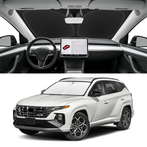 Image of Custom Fit Windshield Sun Shade for Hyundai Tucson 2022-2026 | Blocks UV Rays and Sun Heat, Helps Reduce Interior Temperature, Protects Dashboard from Fading, Folds Easily for Storage