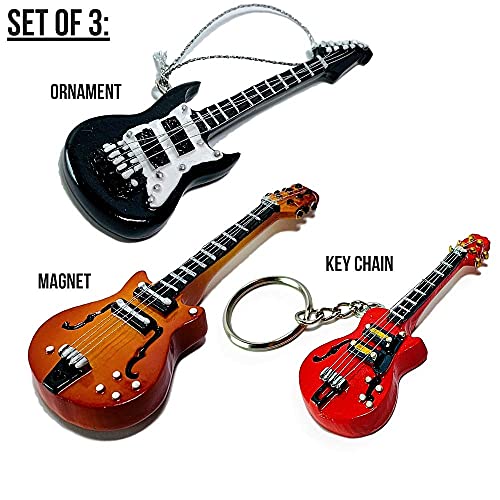 Guitar Ornament Gift Set - 3 Pieces - Electric Guitar Keychain Christmas Ornament And Bass Guitar Magnet For Music Lovers Students Or Teachers Novelty Birthday Gift Father's Day #TOP2