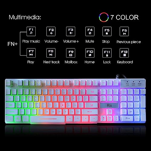 Rii RK100+ White Gaming Keyboard,USB Wired Multiple Colors Rainbow LED Backlit Large Size Mechanical Feeling Ultra-Slim Multimedia Office Keyboard Non-Slip for Primer Gaming and Working,Office Device