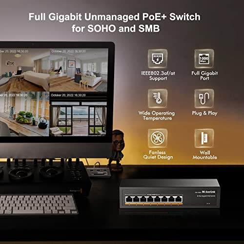 Image of MokerLink 8 Port Gigabit PoE Switch, 8 PoE+ Ports 1000Mbps, 802.3af /at 120W, Metal Fanless Unmanaged Plug and Play