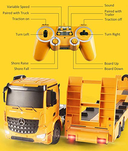 DOUBLE E Benz Authorized Remote Control Semi Truck with 2 Batteries 2.4Ghz Trailer RC Flatbed Trailer Crane Tractor, Electronics Construction Vehicles Toy with Sound and Lights - Thumbnail 7