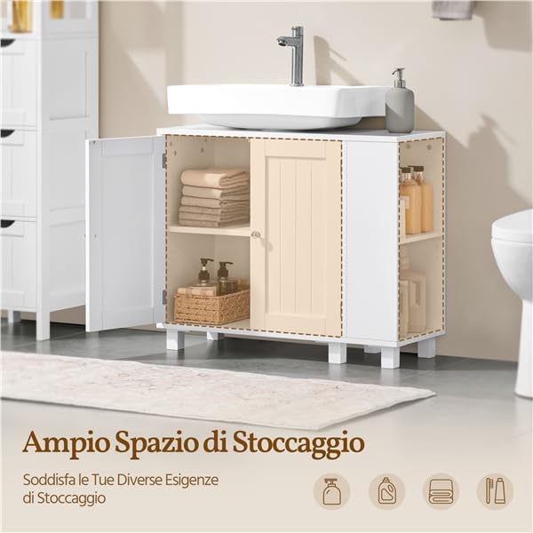 Yaheetech Mobile Sottolavabo con Ripiani Regolabili Armadio da Bagno Autoportante con Apertura a U Mobile da Bagno a Due Ante con Scaffale Laterale Aperto e Ganci (Bianco)
