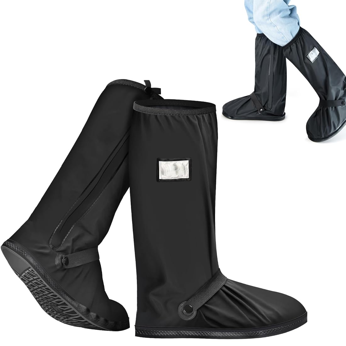 Paire de Surchaussures Imperméables Hautes avec Fermeture Éclair et Bandes Réfléchissantes, Couvre Chaussure Antidérapant pour Moto, Vélo, Randonnée sous la Pluie et la Neige