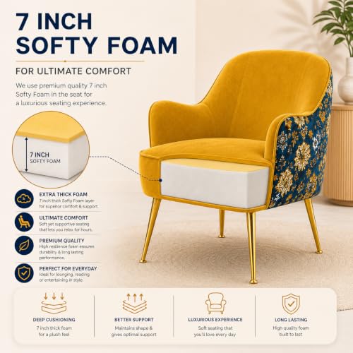 Image of Velvet Chair with Pillow for Home | Modern Accent Armchair in Soft Velvet Fabric with Golden Legs | Premium Accent Chair for Living Room Bedroom Restaurent | (Mustard, Big Zara)