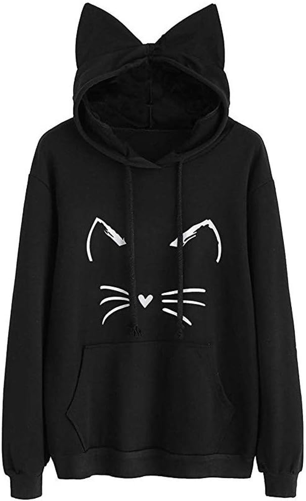 Womens Japanese Kawaii Style Kitty Cat Print Pocket Long Sleeve Thin Hoodie Tops