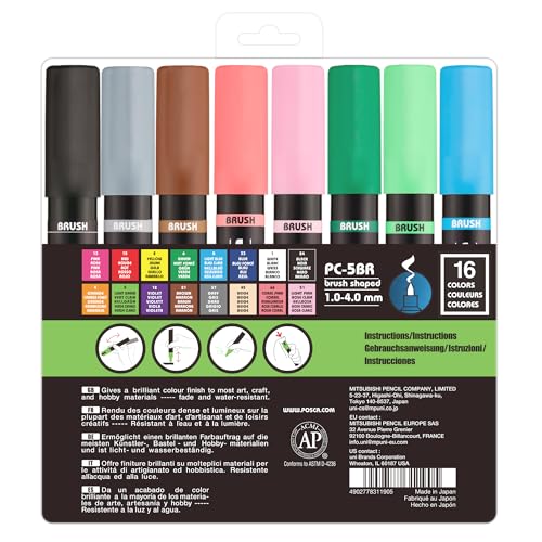 Image of POSCA PC-5BR Water-Based Paint Markers, Reversible Brush Tip (1.0-4.0mm), Assorted Colors, 16 pack