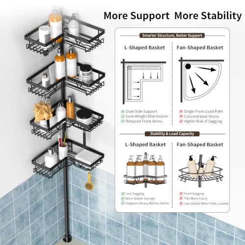 Image of KEGII Corner Shower Caddy Tension Pole - Shower Tension Rod Organizer, Floor to Ceiling Shower Caddy 25-114.2 inch, Towel Rack Corner Waterproof, Black