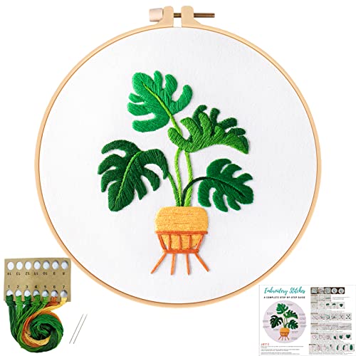 Louise Maelys Monstera Embroidery Starters Kit for Adults, Cross Stitch kit for Beginners with Plant Pattern Embroidery Cloth,Hoop, Needles, Color Threads